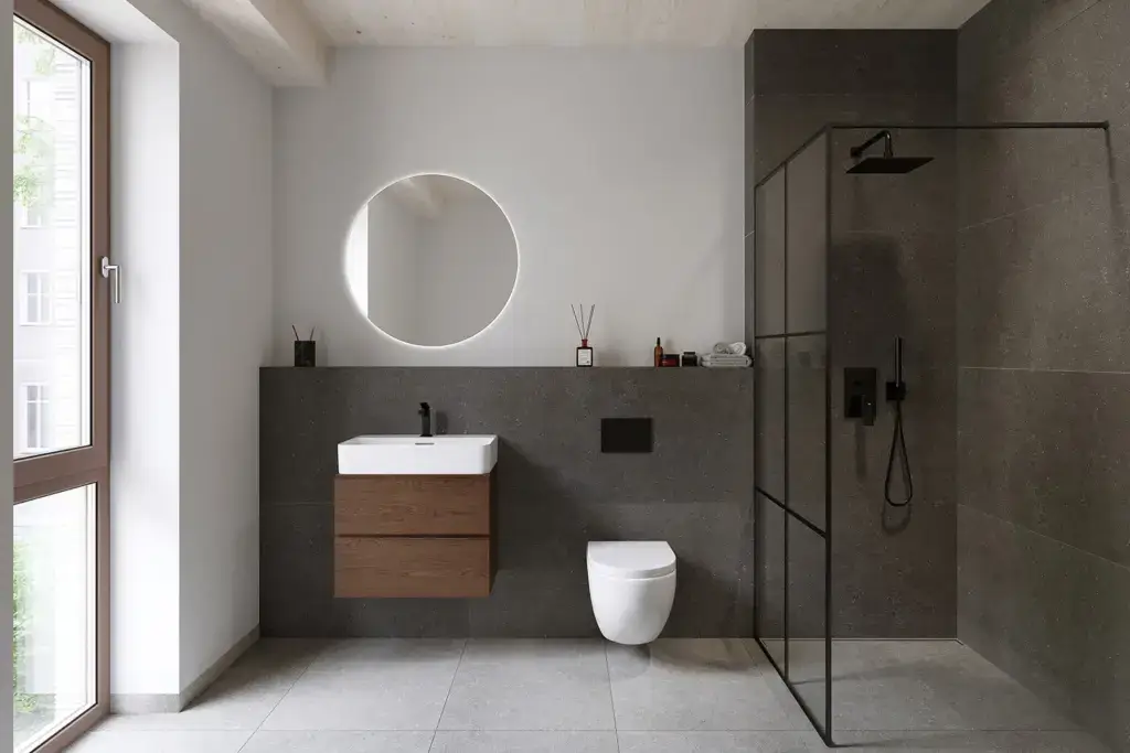Innenvisualisierung eines Badezimmers in unserem innovativen Neubau Victoria's Next. Entscheiden Sie sich für eine Eigentumswohnung in der Victoriastadt in Lichtenberg!