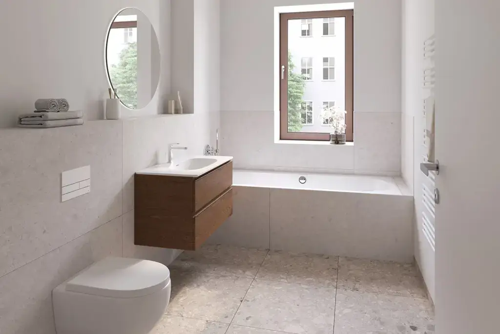 Innenvisualisierung eines Badezimmers in unserem innovativen Neubau Victoria's Next. Entscheiden Sie sich für eine Eigentumswohnung in der Victoriastadt in Lichtenberg!